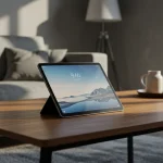 Fx Xiaomi Redmi Pad SE 11 tablet placed on a modern coffee table in a contemporary living room setting natural daylight photography 1