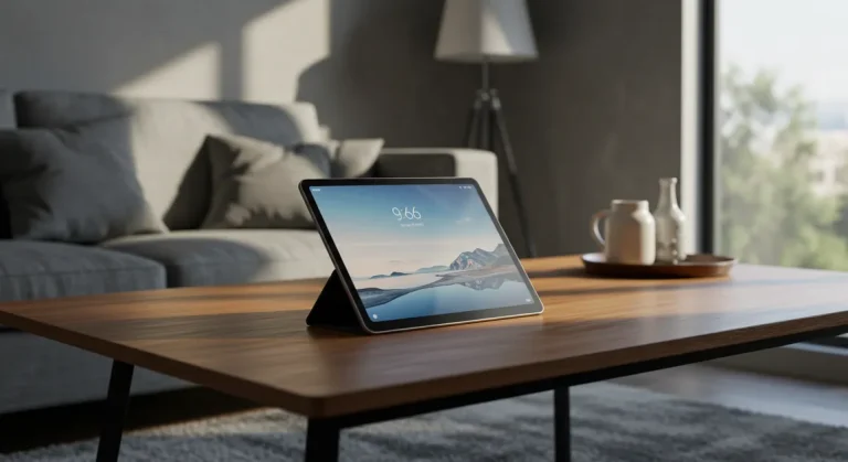 Fx Xiaomi Redmi Pad SE 11 tablet placed on a modern coffee table in a contemporary living room setting natural daylight photography 1