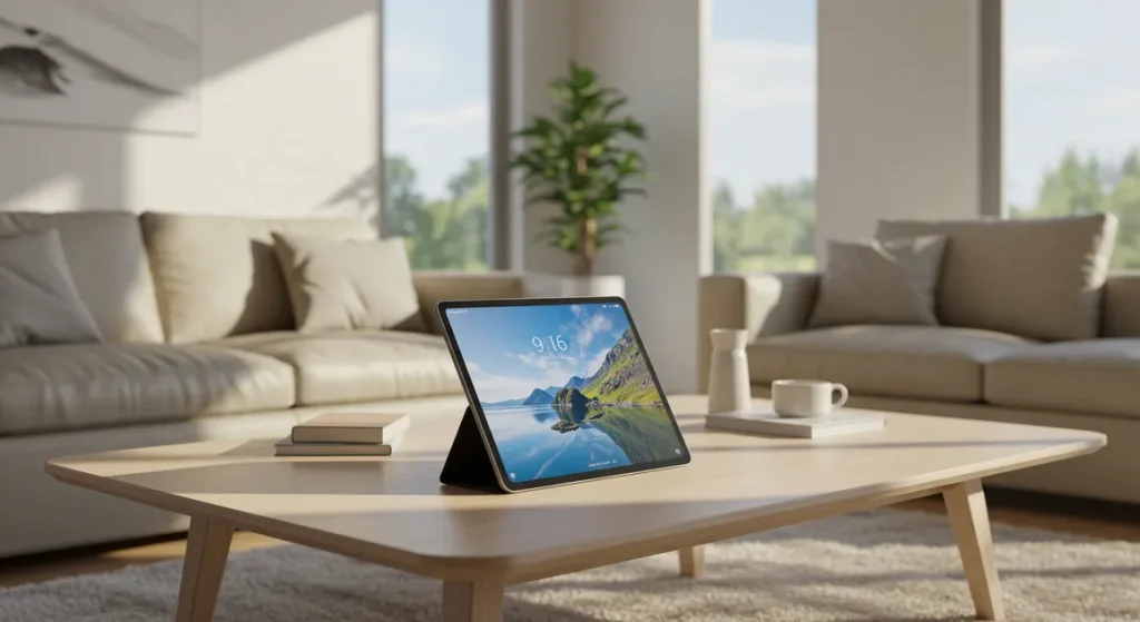 Fx Xiaomi Redmi Pad SE 11 tablet placed on a modern coffee table in a contemporary living room setting natural daylight photography 2