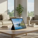 Fx Xiaomi Redmi Pad SE 11 tablet placed on a modern coffee table in a contemporary living room setting natural daylight photography 2