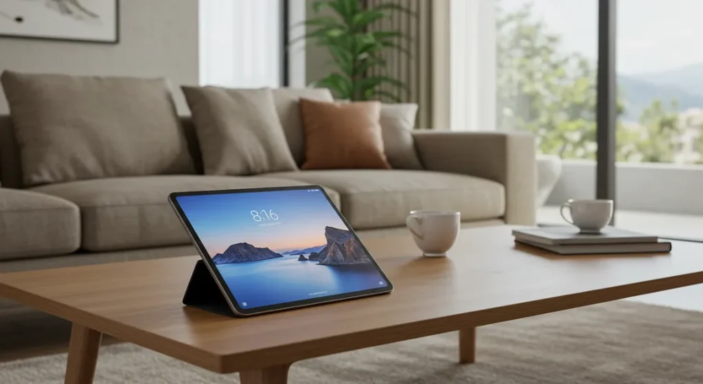 Fx Xiaomi Redmi Pad SE 11 tablet placed on a modern coffee table in a contemporary living room setting natural daylight photography 3
