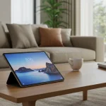 Fx Xiaomi Redmi Pad SE 11 tablet placed on a modern coffee table in a contemporary living room setting natural daylight photography 3