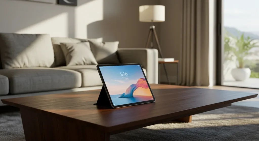Fx Xiaomi Redmi Pad SE 11 tablet placed on a modern coffee table in a contemporary living room setting natural daylight photography 4