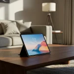 Fx Xiaomi Redmi Pad SE 11 tablet placed on a modern coffee table in a contemporary living room setting natural daylight photography 4
