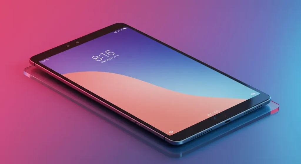 Fx Xiaomi Redmi Pad SE 11 tablet positioned on a gradient acrylic surface with colorful reflections modern commercial photography 1