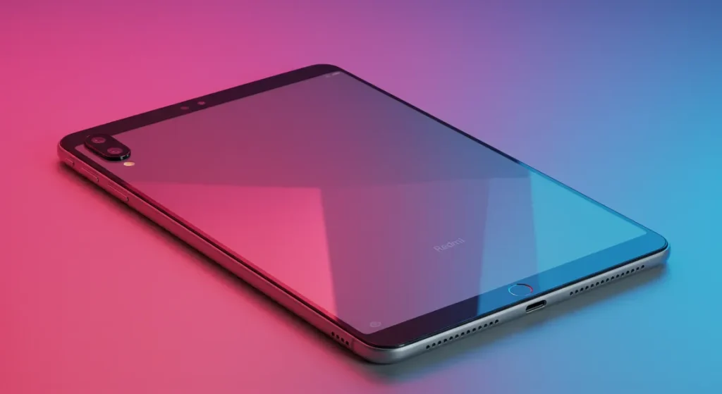 Fx Xiaomi Redmi Pad SE 11 tablet positioned on a gradient acrylic surface with colorful reflections modern commercial photography 2