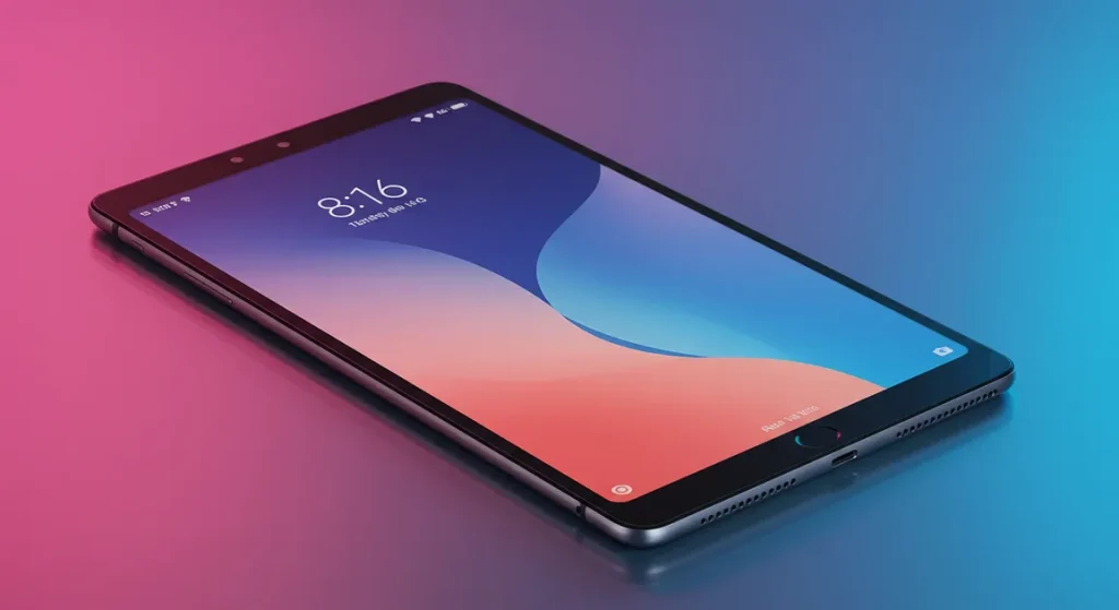 Fx Xiaomi Redmi Pad SE 11 tablet positioned on a gradient acrylic surface with colorful reflections modern commercial photography 3