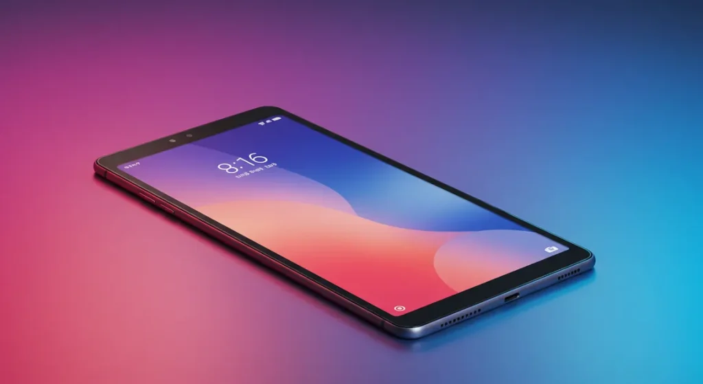 Fx Xiaomi Redmi Pad SE 11 tablet positioned on a gradient acrylic surface with colorful reflections modern commercial photography 4