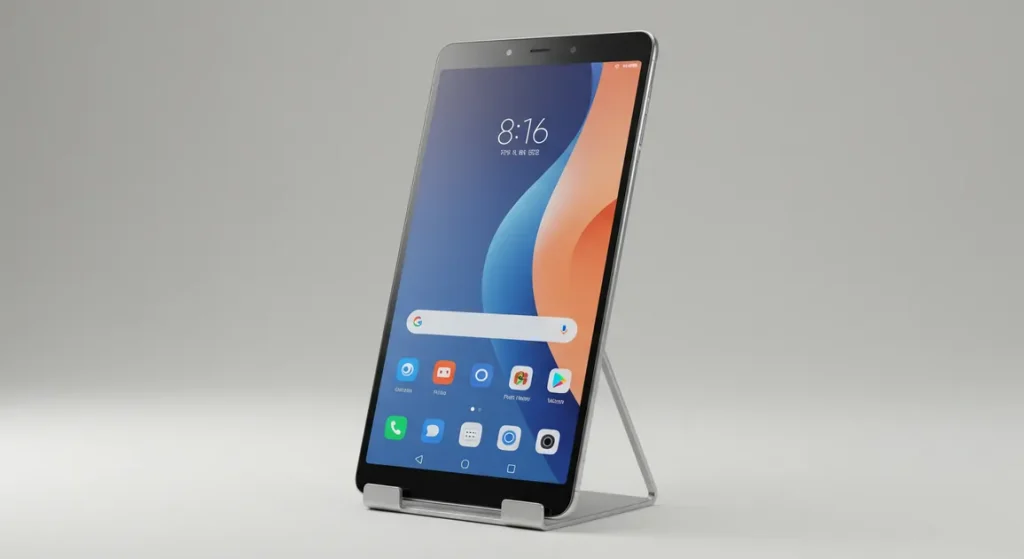 Fx Xiaomi Redmi Pad SE 11 tablet positioned vertically in portrait mode on a sleek metal stand minimalist background studio quality 1
