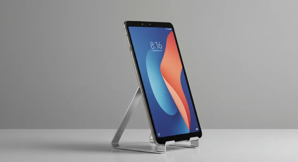 Fx Xiaomi Redmi Pad SE 11 tablet positioned vertically in portrait mode on a sleek metal stand minimalist background studio quality 2