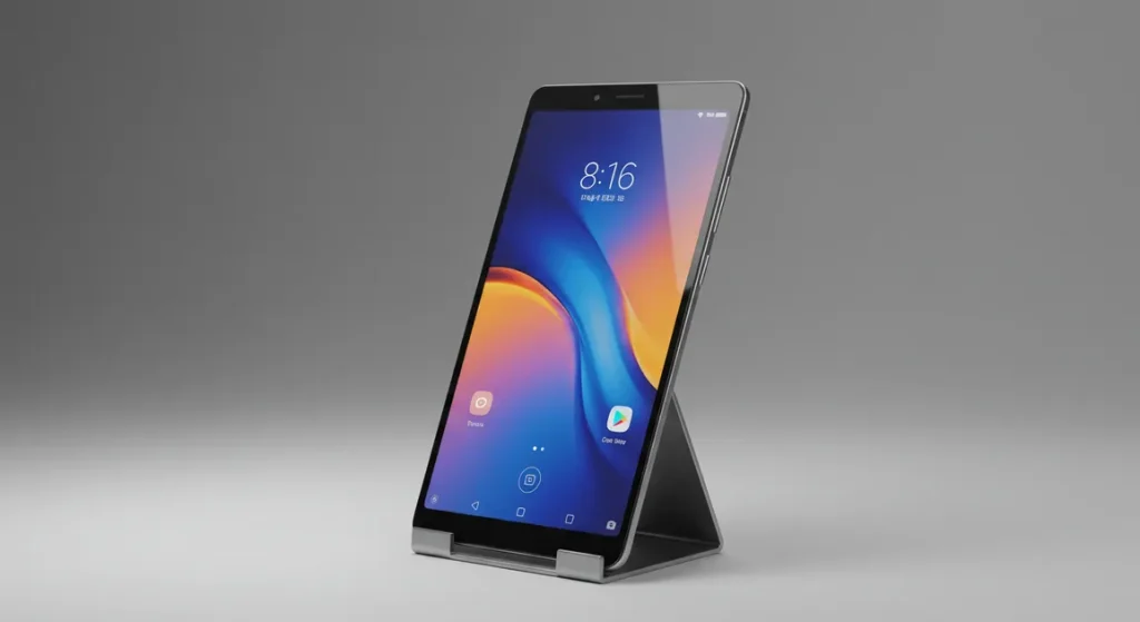 Fx Xiaomi Redmi Pad SE 11 tablet positioned vertically in portrait mode on a sleek metal stand minimalist background studio quality 3