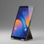 Fx Xiaomi Redmi Pad SE 11 tablet positioned vertically in portrait mode on a sleek metal stand minimalist background studio quality 3
