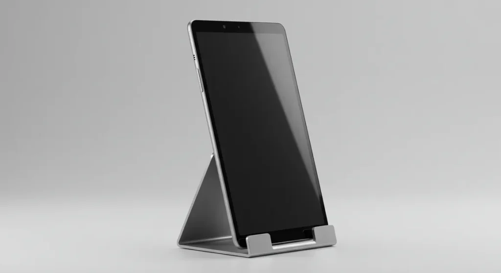 Fx Xiaomi Redmi Pad SE 11 tablet positioned vertically in portrait mode on a sleek metal stand minimalist background studio quality 4