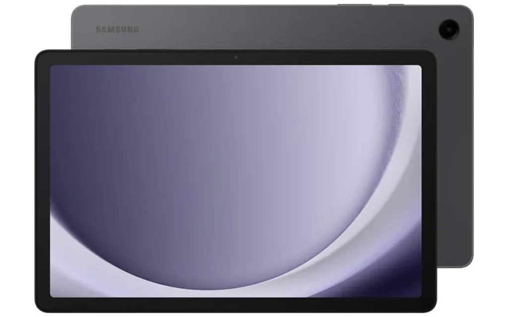 Tablet Samsung Galaxy Tab A9 na cor grafite visto de frente e de trás