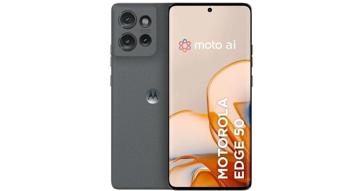 Smartphone Motorola Edge 50 5G visto de frente e de costas, mostrando a tela com bordas finas e o módulo triplo de câmeras traseiras.