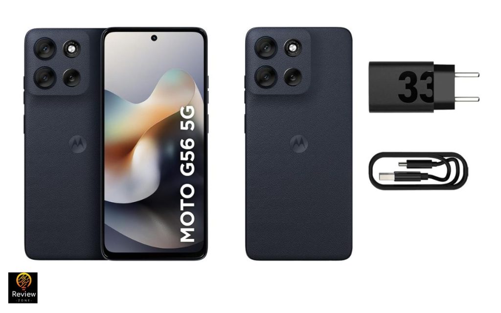 Smartphone Motorola Moto G56 5G na cor grafite, mostrando frente e verso, acompanhado de carregador TurboPower 33W e cabo USB tipo C.