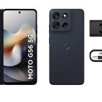 Smartphone Motorola Moto G56 5G na cor grafite, mostrando frente e verso, acompanhado de carregador TurboPower 33W e cabo USB tipo C.