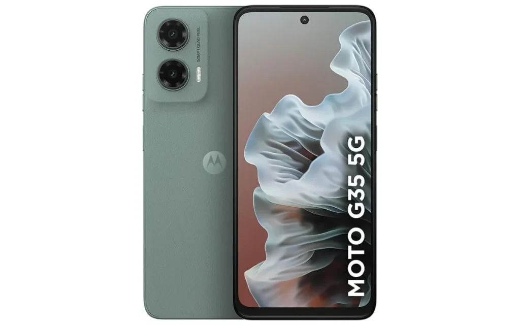 Smartphone Motorola Moto G35 5G na cor verde-água, visto de frente e verso.