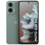 Smartphone Motorola Moto G35 5G na cor verde-água, visto de frente e verso.