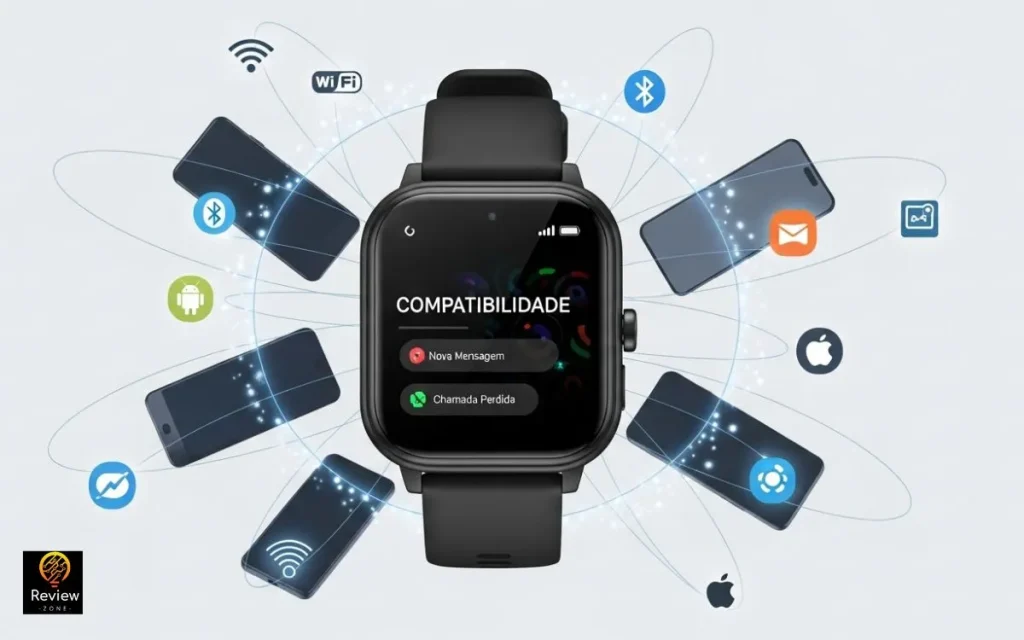 Smartwatch Redmi Watch 5 Active mostrando compatibilidade com dispositivos Android e iOS.