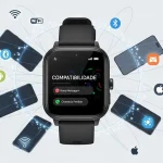 Smartwatch Redmi Watch 5 Active mostrando compatibilidade com dispositivos Android e iOS.