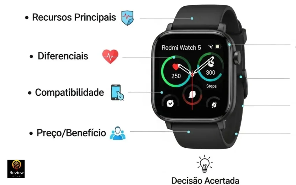 Comparação de recursos principais do smartwatch Redmi Watch 5 Active com fundo branco.