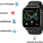 Comparação de recursos principais do smartwatch Redmi Watch 5 Active com fundo branco.