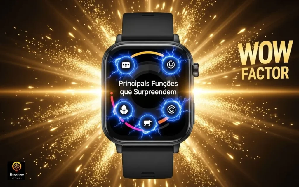 Smartwatch dourado com ícones de funções em destaque. Redmi Watch 5 Active