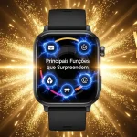 Smartwatch dourado com ícones de funções em destaque. Redmi Watch 5 Active