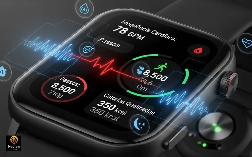 Tela de smartwatch exibindo monitoramento cardíaco e contagem de passos. Redmi Watch 5 Active