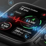 Tela de smartwatch exibindo monitoramento cardíaco e contagem de passos. Redmi Watch 5 Active