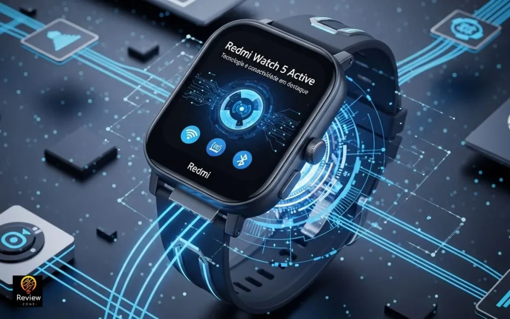Smartwatch Redmi Watch 5 Active com interface futurista e elementos holográficos azuis.