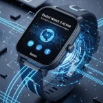 Smartwatch Redmi Watch 5 Active com interface futurista e elementos holográficos azuis.