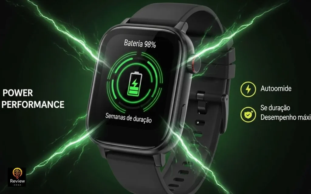 Smartwatch Redmi Watch 5 Active preto exibindo tela de carregamento rápido com efeitos verdes.