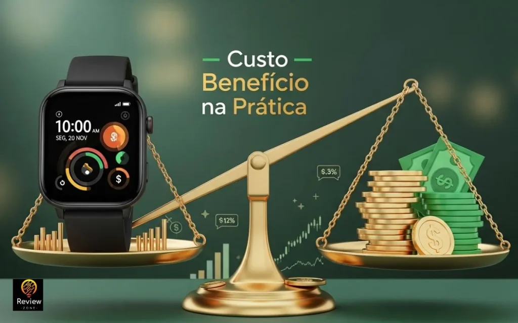 Smartwatch Redmi Watch 5 Active exibindo balanço de custo-benefício com balança dourada ao fundo.