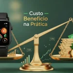 Smartwatch Redmi Watch 5 Active exibindo balanço de custo-benefício com balança dourada ao fundo.