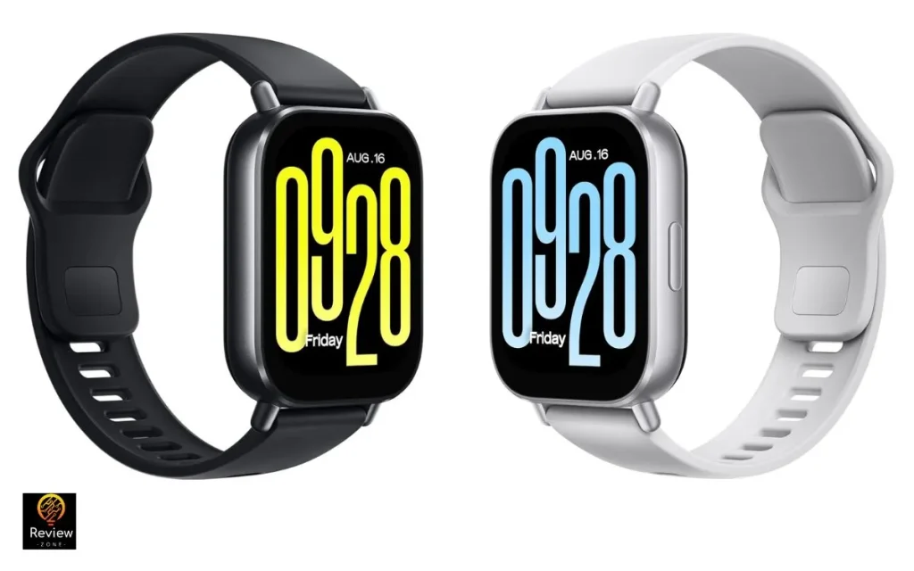 Redmi Watch 5 Active nas cores preto e branco com mostrador digital minimalista