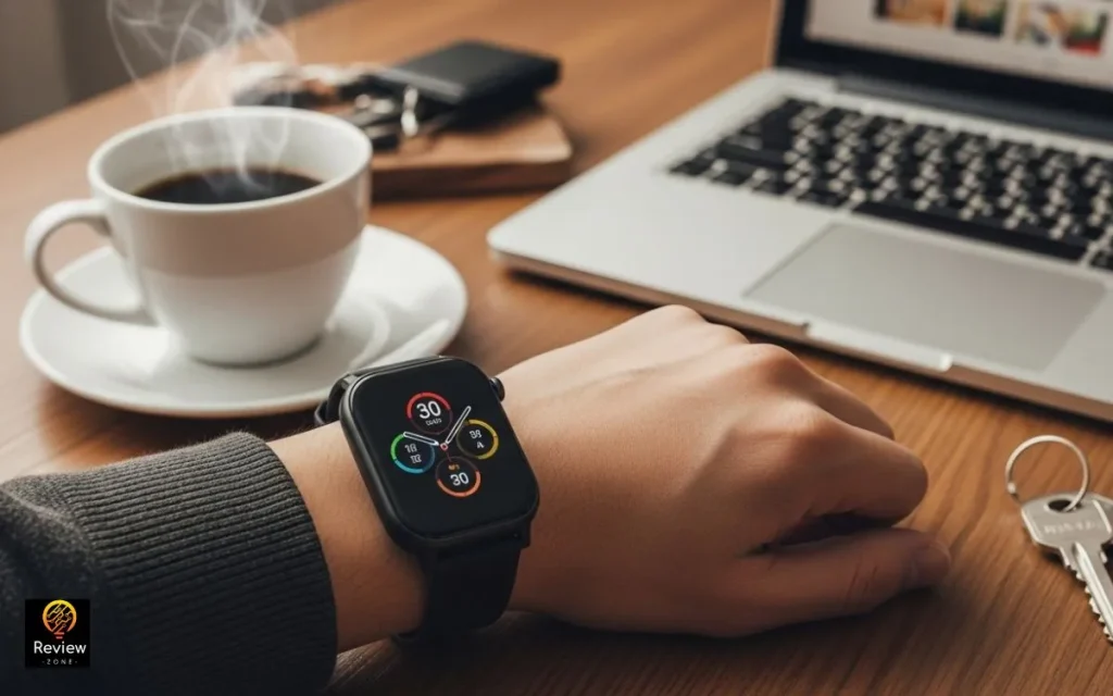 Pessoa usando smartwatch enquanto toma café. Redmi Watch 5 Active