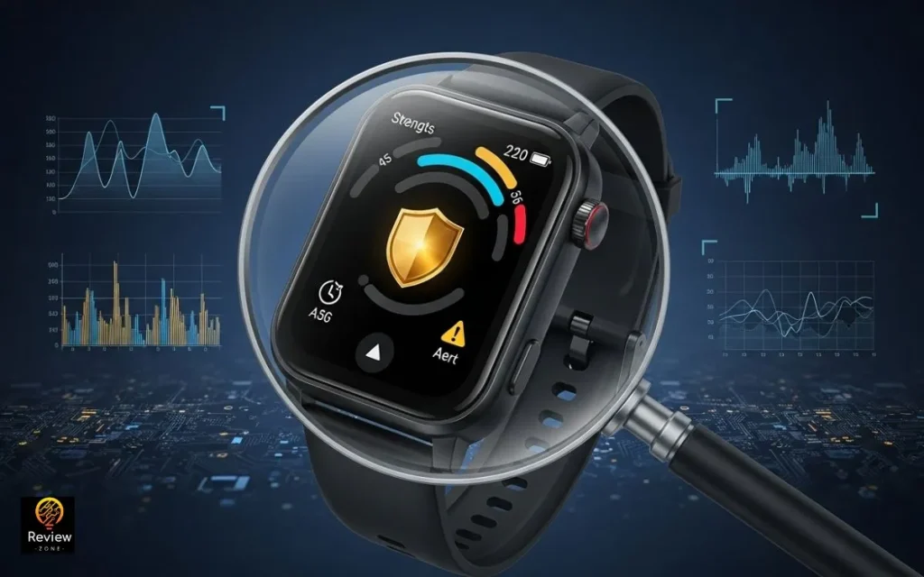 Smartwatch Redmi Watch 5 Active com tela destacando funções de segurança e desempenho