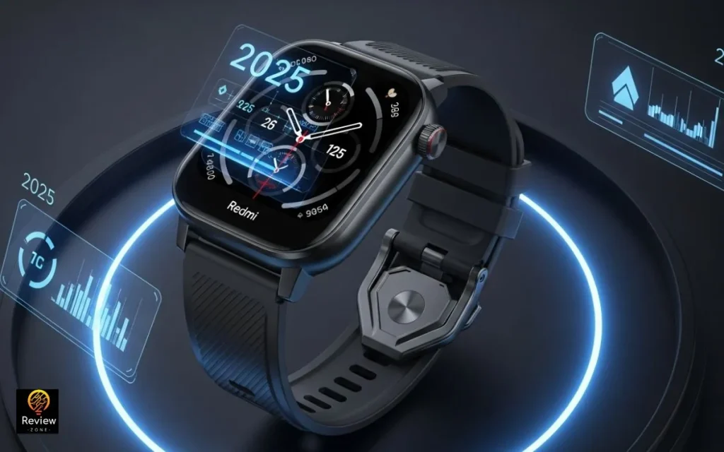 Smartwatch Redmi Watch 5 Active com display futurista mostrando calendário de 2025