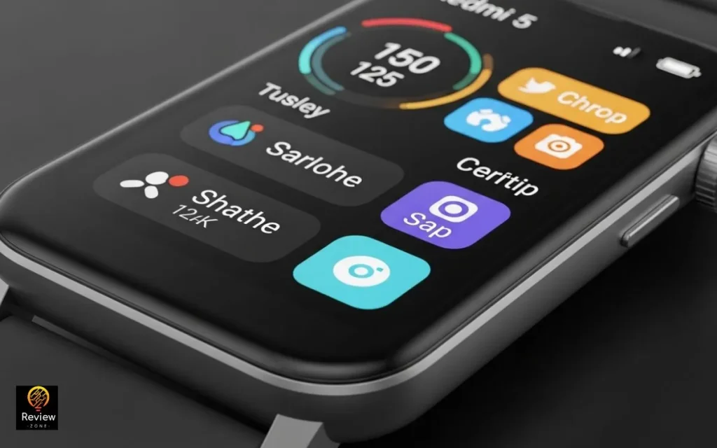 Close-up de smartwatch Redmi Watch 5 Active com ícones coloridos no mostrador.