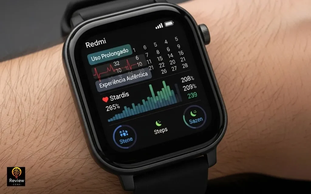Smartwatch Redmi Watch 5 Active mostrando gráficos de sono e atividades diárias.