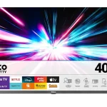 Smart TV 40 Philco Full HD com Roku, exibindo fundo colorido e logotipos de Netflix, Disney+, Globo Play e mais.