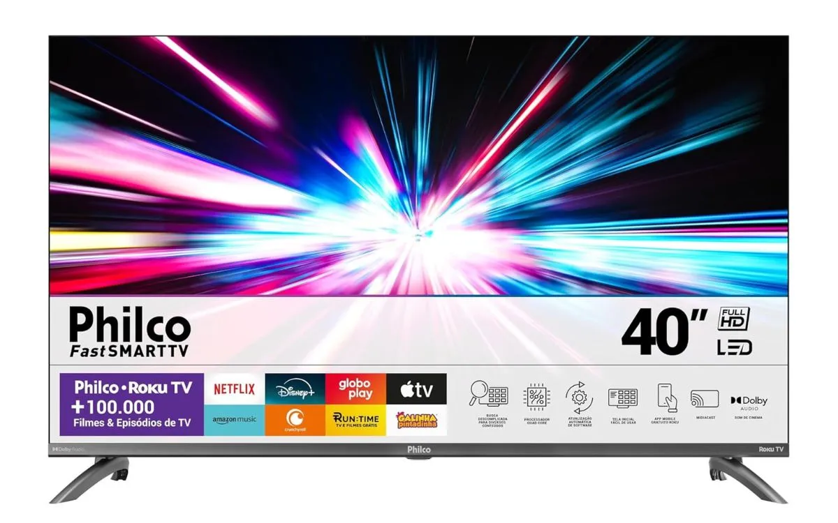 Smart TV 40 Philco Full HD com Roku, exibindo fundo colorido e logotipos de Netflix, Disney+, Globo Play e mais.