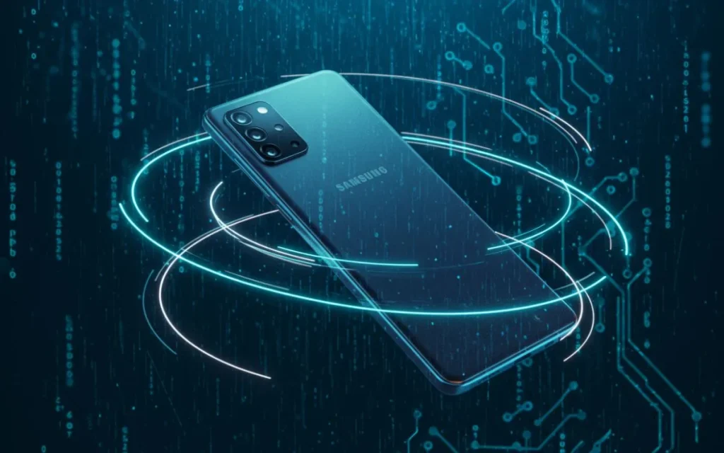 Samsung Galaxy A26 em azul com efeito digital tecnológico no fundo.