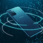 Samsung Galaxy A26 em azul com efeito digital tecnológico no fundo.