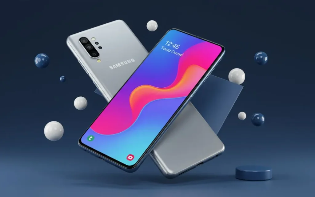 Dois Samsung Galaxy A26 em cinza e azul mostrando a tela e traseira com bolhas ao redor.