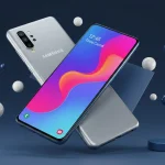 Dois Samsung Galaxy A26 em cinza e azul mostrando a tela e traseira com bolhas ao redor.