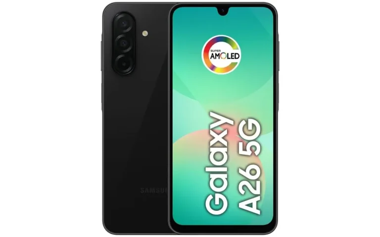 ela do Samsung Galaxy A26 5G exibindo logo "Galaxy A26 5G" em fundo colorido degradê.
