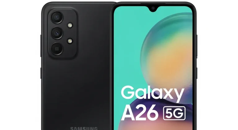 Samsung Galaxy A26 5G preto visto de frente e verso, com tela ligada exibindo o nome do modelo.